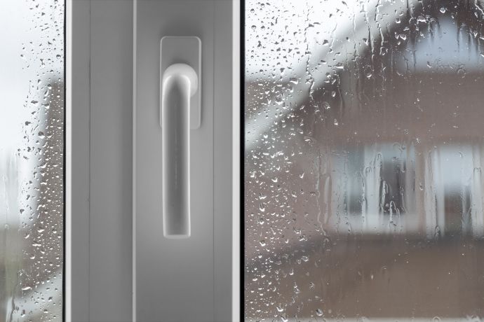 Gouttes d’eau sur une fenêtre blanche dans une cuisine humide